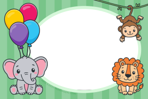 Moldura Comemorativa - Aniversário Safari Animais fofos (leão, elefante e macaco), moldura oval, fundo verde.