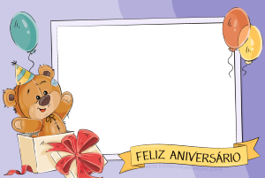 Moldura Comemorativa - Aniversário Ursinho Presente Caixa de presente com ursinho, bexigas, moldura retangular, faixa amarela escrito Feliz Aniversário e fundo lilás.