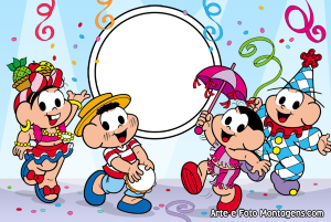 Moldura Comemorativa - Carnaval Mônica Mônica, Cebolinha, magali e cascão fantasiados no carnaval, confetes, serpentinas, moldura redonda e fundo azul.