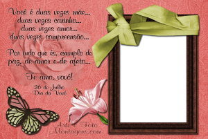 Moldura Comemorativa - Dia da Vovó Mensagem pra vovó, borboleta, flor, moldura de porta retrato marrom com fita verde, fundo rosa.