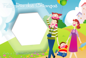 Moldura Comemorativa - Dia das Crianças Casal com duas crianças passeando no parque.