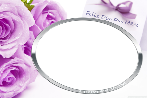 Moldura Comemorativa - Dia das Mães Flores Cartão Amor Flores lilás, bilhete com frase 'feliz dia das mães', moldura oval, fundo branco.