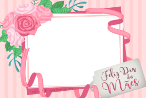 Moldura Comemorativa - Dia das Mães Presente moldura com fitas e flores rosas, bilhete com 'feliz dia das mães, fundo rosa claro.