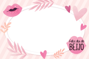 Moldura Comemorativa - Dia do Beijo Bocas rosa, frase 'Feliz Dia do Beijo', corações, fundo rosa.