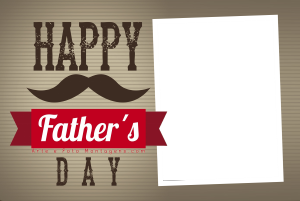 Moldura Comemorativa - Dia dos Pais Bigode Fathers Day Bigode, frase 'Happy Father's Day', moldura com fundo listrado marrom claro.