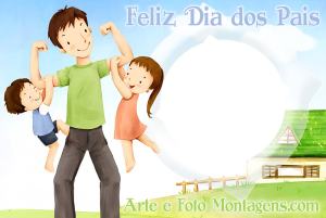 Moldura Comemorativa - Dia dos Pais Filhos Pai brincando com filhos, frase 'feliz dia dos pais'.