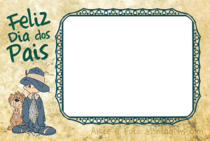 Moldura Comemorativa - Dia dos Pais Menino Menino vestindo roupa do pai, frase 'feliz dia dos pais'.