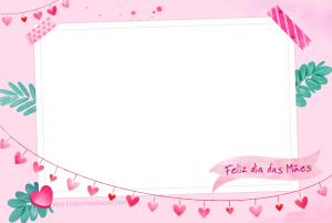 Moldura Comemorativa - Dia das Mães Varal Corações Varal de corações, frase 'Feliz Dia das Mães', fundo rosa claro.