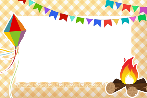Moldura Comemorativa - Festa Junina Balão Fogueira Balão São João, fogueira, bandeirinhas, fundo quadriculado amarelo.