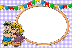 Moldura Comemorativa - Festa Junina Caipiras Bandeirinhas Casal caipira, bandeirinhas, moldura laranja, fundo quadriculado lilás.