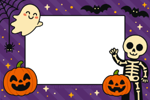 Moldura Comemorativas - Halloween Fofo Moldura digital gratuita infantil, fundo roxo, com fantasminha, aboboras, esqueleto, aranha e morceguinhos.