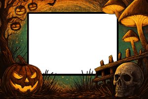 Moldura Comemorativas - Halloween Art Moldura digital gratuita sombria estilo artístico, com abóboras, caveira e cogumelhos em um gramado com cerca e árvore de fundo.
