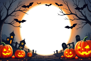 Moldura Comemorativas - Halloween - Cemitério Moldura digital gratuita de cemitério, com espaço para foto redondo brilhante, morcegos voando e abóboras no chao.