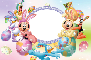 Moldura Comemorativa - Páscoa Disney Mickey, Minnie, margarida, pluto, pateta, pato donald, tico e teco, ovos coloridos de Páscoa Disney.