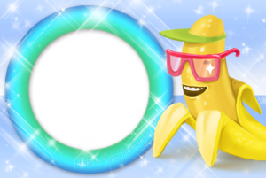 Moldura Diversas - Banana Super Star Banana óculos, brilhos, moldura redonda, fundo azul claro.