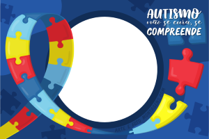 Moldura Diversas - Autismo Peças quebra-cabeça coloridas (símbolo autismo), moldura redonda, fundo azul.