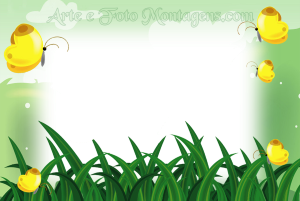 Moldura Diversas - Borboletas Jardim Primavera Borboletas, grama e fundo verde.