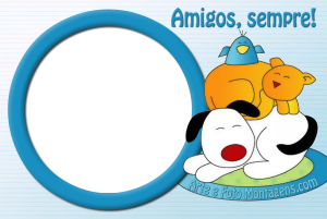 Moldura Diversas - Cãozinho Gatinho Passarinho Cãozinho, gatinho, passarinho, moldura redonda e fundo azul.