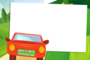 Moldura Diversas - Carro Viagem Estrada Carro vermelho, fundo paisagem verde.