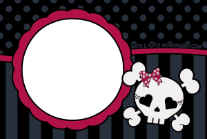 Moldura Diversas - Caveira Rosa Rock Girl Caveira, moldura rosa, estilo rock, fundo preto.