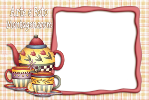 Moldura Diversas - Chá das Cinco Bule, xícaras chá, moldura vermelha e fundo de toalha de mesa.