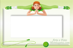 Moldura Diversas - Esporte Ginástica Rítmica Ginasta, fita, arco, bola, moldura branca, fundo verde.