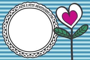 Moldura Diversas - Flor Coração Flor formato coração, moldura pétalas, fundo azul listrado.