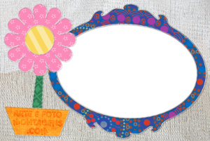 Moldura Diversas - Flor Patchwork Flor feita patchwork, moldura azul, fundo tecido bege.