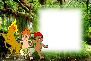 Moldura Diversas - Folclore Mula Saci Curupira Personagens folclore (Mula sem cabeça, Saci, Curupira), fundo mata.