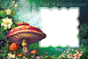 Moldura Diversas - Jardim Encantado Cogumelo Cogumelo casa, fundo floresta mágica.