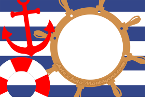 Moldura Diversas - Navio Navy Navio, âncora, timão, fundo listrado.