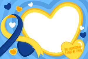 Moldura Diversas - Síndrome de Down Símbolo Síndrome Down, moldura de coração amarelo, fundo azul.