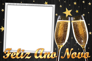 Moldura Natal - Ano Novo Brinde Estrelas Taças champanhe brindando, estrelas douradas, moldura retangular, fundo preto.