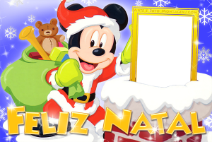Moldura Natal - Mickey na Chaminé Mickey Mouse Papai Noel, chaminé, presentes, moldura retangular, fundo neve noite.