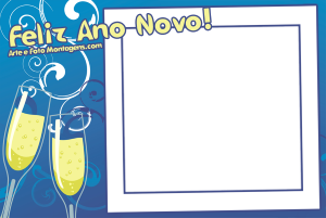 Moldura Natal - Ano Novo Brinde Taças Duas taças champanhe brindando, moldura quadrada branca, fundo azul.