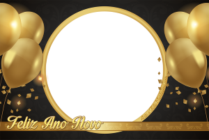 Moldura Natal - Ano Novo Dourado moldura redonda, faixa dourada, fundo preto, texto 'feliz ano novo'.