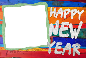 Moldura Natal - Ano Novo Happy New Year Texto 'Happy New Year', balões dourados, confetes, moldura retangular, fundo preto.