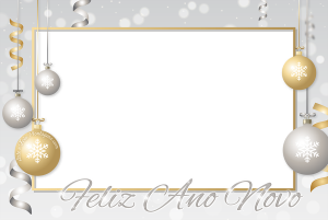 Moldura Natal - Ano Novo Prata Dourado frase 'feliz ano novo', moldura dourada fundo prata.