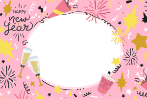 Moldura Natal - Ano Novo Rosa Decoração Ano Novo rosa, frase 'happy new year', moldura oval, fundo rosa.