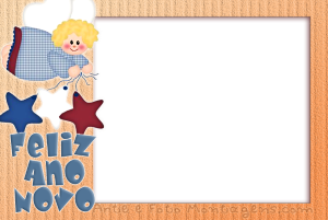 Moldura Natal - Ano Novo Anjinho Estrelas Anjinho tocando segurando estrelas, moldura retangular, fundo laranja.