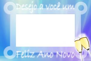 Moldura Natal - Ano Novo Luz frase 'desejo a você felliz ano novo', champanhe, taças, moldura retangular, fundo azul e lilas.