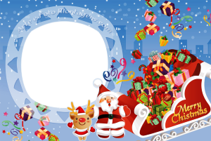Moldura Natal - Papai Noel Trenó Rena Presentes Papai Noel trenó, rena, presentes, fundo neve céu noturno.