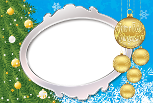 Moldura Natal - Árvore Bolas Douradas Árvore Natal, bolas douradas, presentes, moldura oval prata, fundo azul claro.