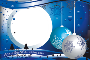 Moldura Natal - Bolas Azul Bolas Natal azul e branca, cenario noite com neve, moldura redonda, fundo azul.