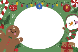 Moldura Natal - Boneco de Neve Biscoito Boneco neve biscoito gengibre, moldura oval, fundo verde.