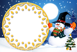 Moldura Natal - Boneco de Neve Boneco neve, chapéu, cachecol, moldura redonda, fundo noite neve árvores.