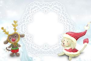 Moldura Natal - Cachorrinhos Cachorrinhos gorro Papai Noel e orelha de rena, moldura oval, fundo neve.