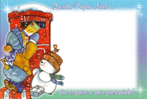 Moldura Natal - Cartinha bonecos enviando cartinha correio, moldura retangular.