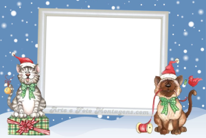 Moldura Natal - Gatinho Cachorrinho Gatinho e cachorrinho Natal, gorros, presentes, moldura retangular, fundo noite neve.