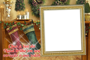 Moldura Natal - Lareira Meias Luz do Natal Lareira Natal, meias, luzes, moldura retangular, fundo sala decorada.